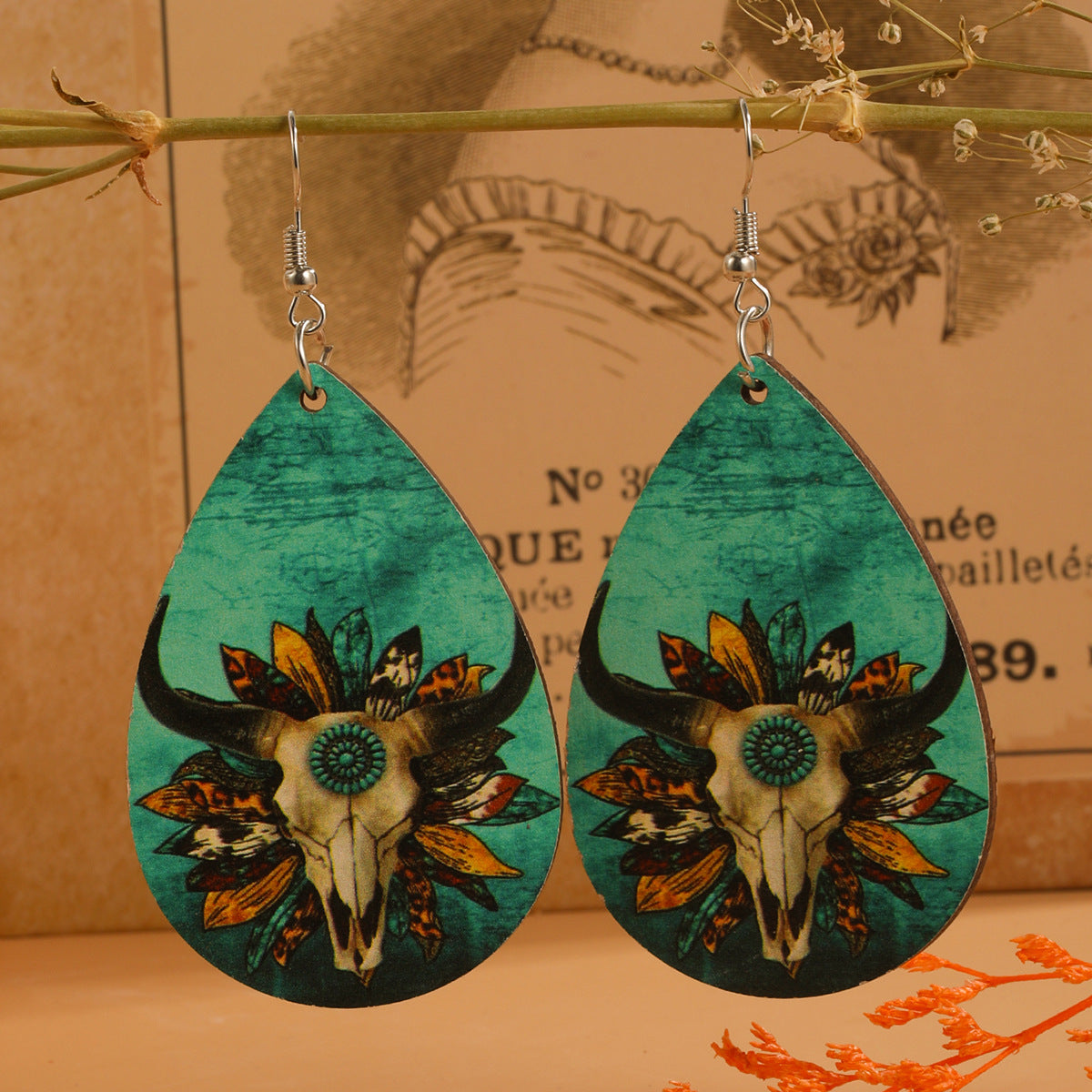 Gotas de agua de la cabeza de toro al por mayor Pendientes de madera